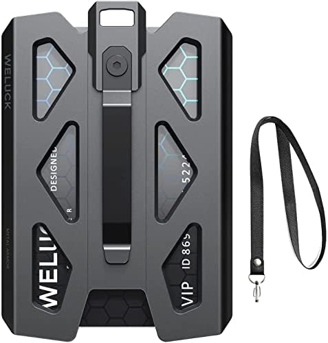 Weluck Badge Holder Wallet, Durable Aluminum Card Holder with Metal Clip, Lanyard ID Holder 4 Cards Storable for Business Office Work Police Outdoor Gift (Black02)