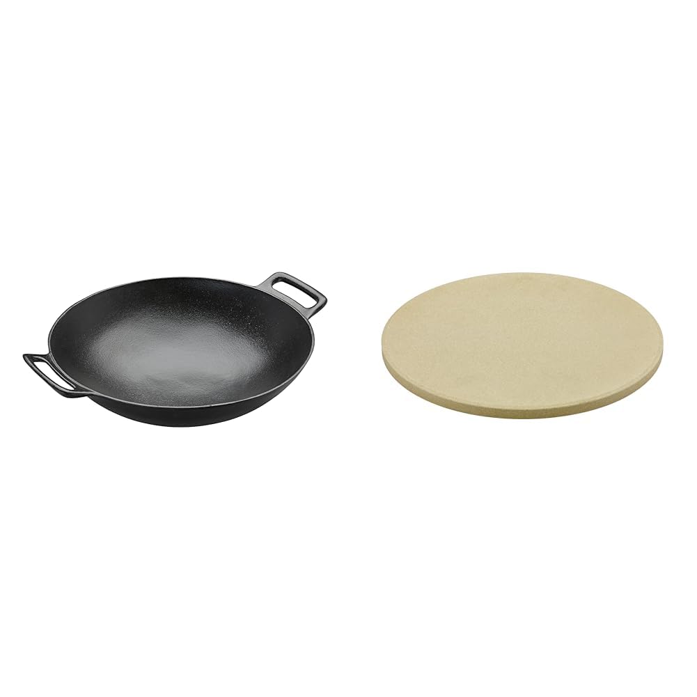 RÖSLE VARIO Wok, Hochwertiger Wok aus emailliertem Gusseisen zum scharfen Anbraten & VARIO Pizzastein, Hochwertiger Pizzastein aus Cordierit zur Zubereitung von Pizza