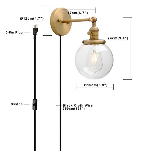 Permo 1-Light Plug In On/Off Switch Wall Sconce With Mini 5.9" Round Globe Clear Glass Shade Vintage Industrial Wall Lamp Light Fixture (Antique) #TOP1