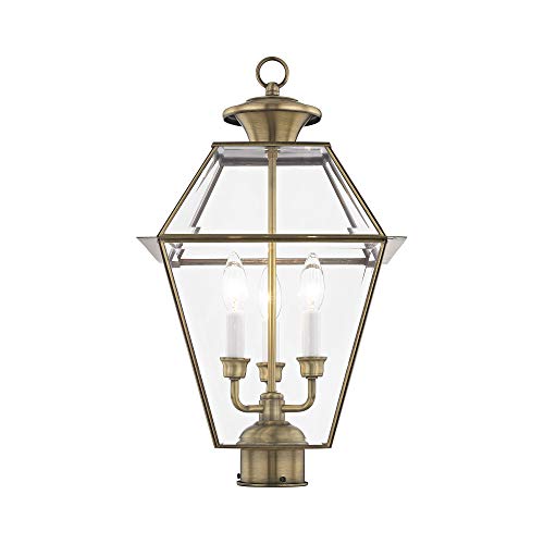 Image of Livex Lighting 2384-01 Westover 3-Light Outdoor Post Lantern, Antique Brass