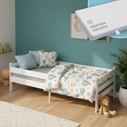 Bellabino Kuru Kinderbett 90x200 cm – Kinder Bett mit Matratze, Rausfallschutz & Lattenrost - Jugendbett mit Stauraum - Kids Bed aus Holz - Einzelbett für Jungen und Mädchen für Kinderzimmer in Weiß