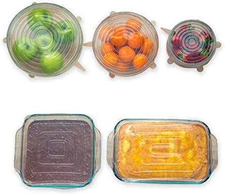 Silicone Stretch Lids (Variety Pack) - By Modfamily - SQUARE Silicone Lids - 2 Square Lids & 3 Round Lids - Stretch N’ Seal, Food Saver, Reusable, Durable, and Expandable Lids