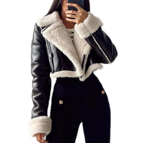 Dawery Women Lapel Lambswool Faux Leather Zippers Short Jacket High Waist Soft Thickened Warm Coat Long Sleeve Motorcycle Outwear Black