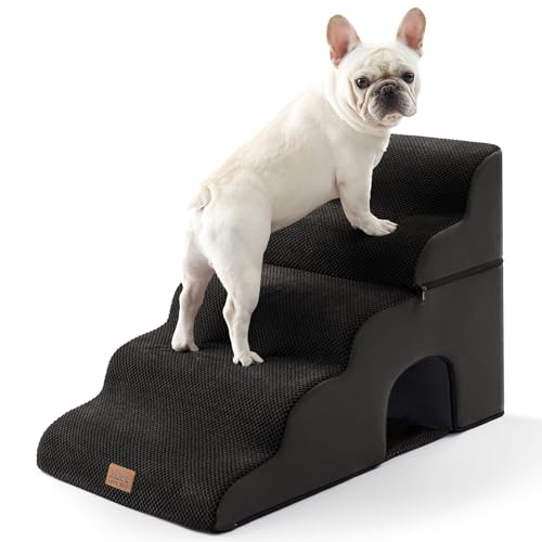Image of COZY KISS Dog Stairs,with condo,22.4 inch H 5 Steps for Bed,Black | 5-step dog stairs and ramps for Old Cats, Puppy, Small Dogs,Non-Slip Base,for Couch & Bed,17.7x33x22.4