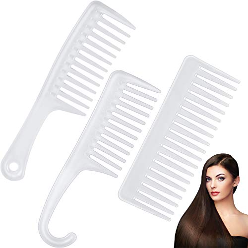 3 Pieces Wide Tooth Combs Set, No Handle Detangler Comb Large Teeth Detangler Comb Shower Salon Shampoo Hook Comb for Detangle Curly Long Wet Straight Hair (White)