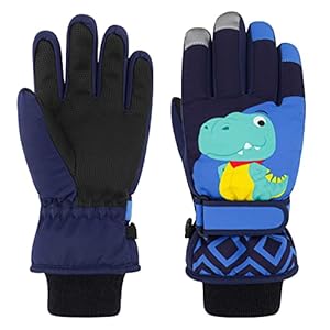 QKURT Guanti da Sci per Bambini, Guanti da Neve Impermeabili Invernali, Guanti da Sci per Dinosauri, Guanti da Sci per Bambini da Slitta da Snowboard per Ragazze Ragazzi Età 2-13