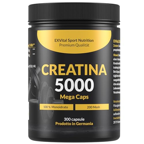 Creatina 5000 Mega Caps, stimolante per l'allenamento, 5000 mg di creatina monoidrato per dose giornaliera, 300 capsule, preworkout, Vegano