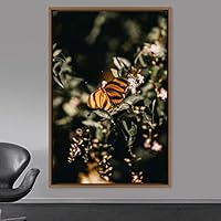 Framed Canvas Wall Art Butterfly Expressive Farmhouse/Country Home Office Insects Lake Multicolor Photography - 16x24 inches
