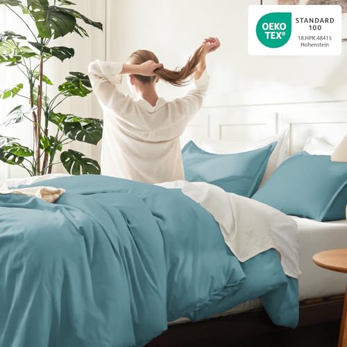 Image of Litanika Oversized King Comforters Grayish Teal Super King Plus Size, 3 Pieces Lightweight Solid Bedding Comforter Set, All Season Fluffy Bed Set (128x120In Comforter & 2 Pillowcases)