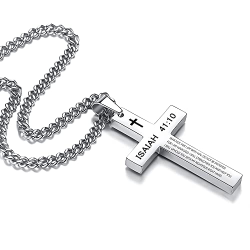 Revemcn Inspirational Bible Verse Cross Necklace For Men Boys, Stainless Steel Plain Black Silver Cross Pendant Necklace For Men 20-24 Inches Curb Chain Faith Jewelry Gift (Isaiah 41:10 - Silver, 20) #TOP2