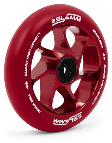 Slamm Rueda de equipo de 110 mm, color rojo y rojo, rueda individual de núcleo de aluminio, dureza 88A, poliuretano de alta densidad y rebote súper alto, rodamientos ABEC-9 cromados