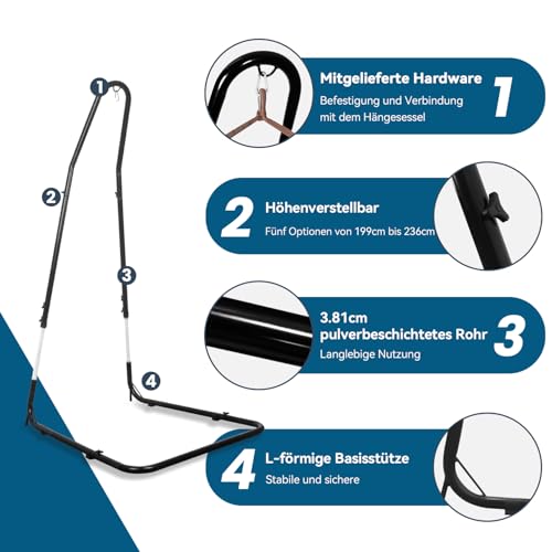Hängestuhlgestell, höhenverstellbar 200–235 cm, Tragkraft 150 kg, Robuster Ständer für Hängesessel, Solide Stahlkonstruktion, Hängesesselständer mit Pulverbeschichtung, für drinnen und draußen
