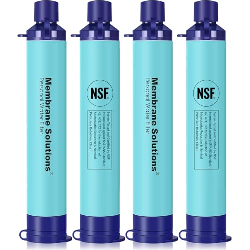 Membrane Solutions Filtro de Agua Supervivencia, Elimina el 99,9999% de E.coli, Precisión del filtro 0,1 Micrón, Sistema de Filtro Portátil para Emergencia, Camping, Senderismo, 4 Pack
