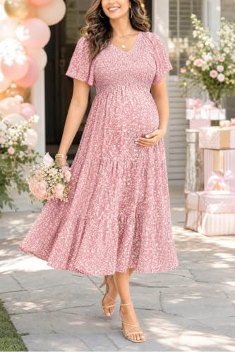 Image of Pinup Fashion Maternity Summer Dress Baby Shower Easter Pregnancy A-Line | Smocked V-neck, flutter sleeves, breathable floral fabric, bump friendly, perfect for photoshoot, spring casual,postpartum