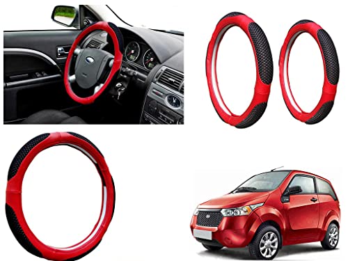 Image of Microfiber Car Steering Wheel Cover, Soft Padding Great Hand Feel, Anti-Slip, Faux Leather Steering Cover for Mahindra Reva E20 | Black Red Jali - Pack of 1