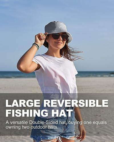 Image of XXL Oversize Bucket Hat Reversible, XL L M S Fisherman Sun Cap With Chin Strap, Travel Beach Outdoor Hat For Men Women