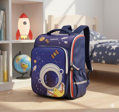 Image of Kids School Bag for Boys 4-9 Years | Cartoon Astronaut Space Theme Backpack | Lightweight Waterproof Primary School Bag with Padded Straps & Lunch Compartment