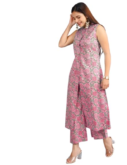 Image of Cotton Printed Front Slit Kurta with Palazzo Set for Women
