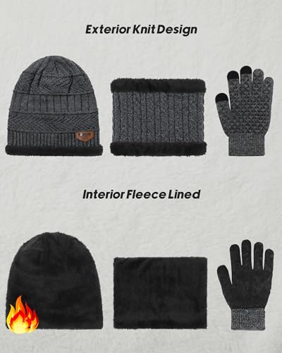 Image of Loritta Winter Hats for Men, 3 PCS Fleece Beanie Scarf Gloves Set