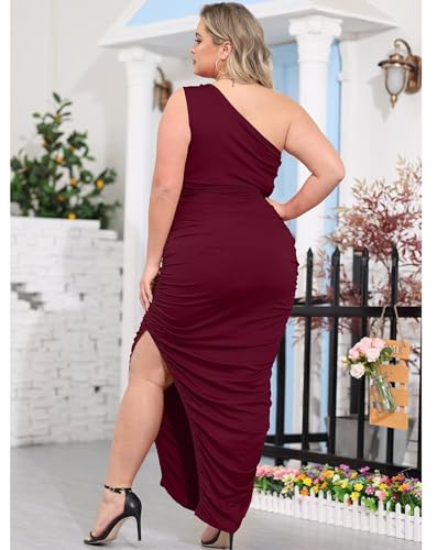 Image of Womens Sexy Plus Size One Off Shoulder Sleeveless Bodycon Ruched Evening Pencil Party Maxi Dresss