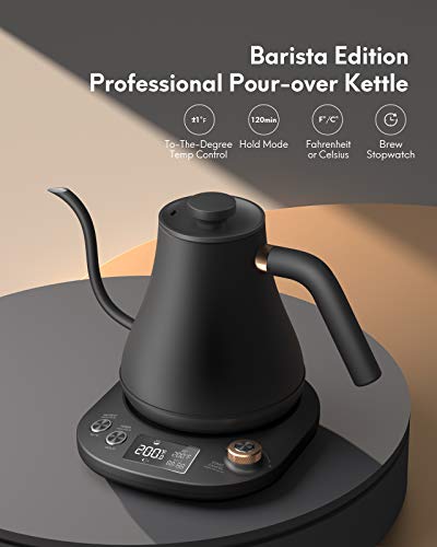 Willsence Gooseneck Kettle Temperature Control, Pour Over Electric Kettle for Coffee and Tea, 100% Stainless Steel Inner, 1200W Rapid Heating, 0.8L, Built-in Stopwatch