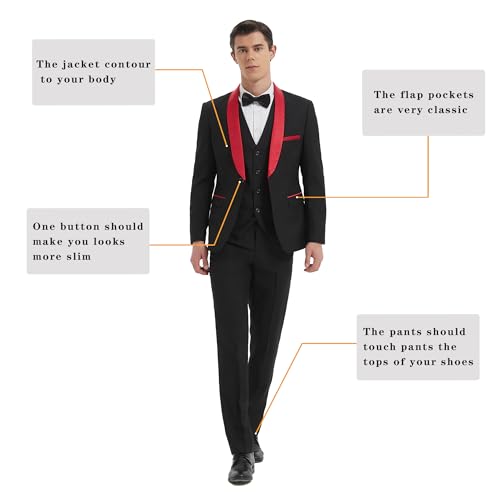 Beauty-Emily Men 3 Piece Slim Fit Suit Set One Button Solid Jacket Vest Pants Black Red XL3