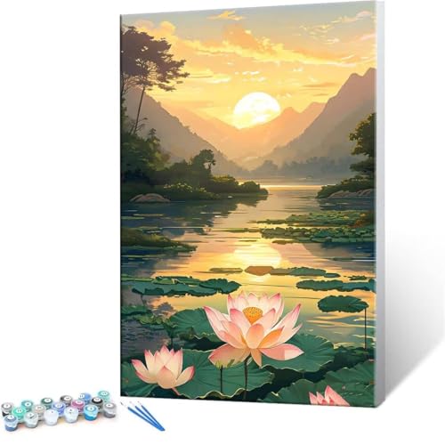 数字油絵 数字塗り絵 デジタル油絵 ハス池 数字キットでペイントブラシとアクリル絵の具が入, 大人の子供のためのギフト Paint by Numbers 手塗り DIY 数字によるアクリル 水彩絵画インテリア リビング装飾 90x120cm (フレームレス