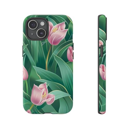 Coque iPhone 15 motif floral tulipe rose - Protection rigide brillante