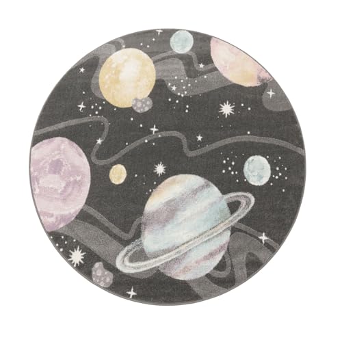 TT Home Nursery Area Rug Kids Rug For Bedroom Girls Boys Modern Rainbow Cloud Rug Animal Motif Colourful, colour:Anthracite, Size:200 cm round