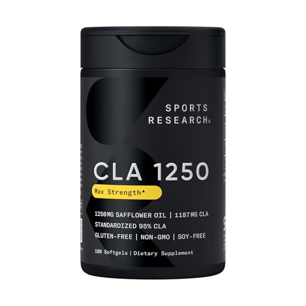 Sports Research CLA – 1250mg with Active Conjugated Linoleic Acid for Men and Women | Non-GMO, Soy & Gluten Free – 95% (180 Softgels)