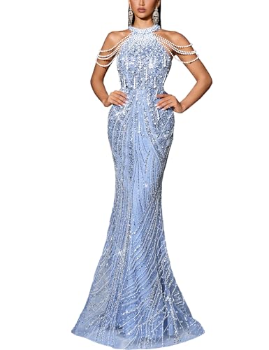 VOUIAO Women Sequin Mermaid Evening Gown Beaded Prom Dress Light Blue L