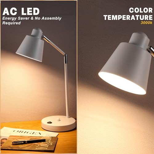 Image of Anxingtools LED Desk Lamp with Dual USB Charging Ports, 100% Metal, 270 Swivel Arms, Soft White Light (3000K), Bedside Reading Lamp, Home Office Lamp(White)