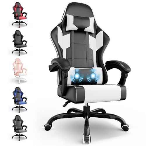 Airfish Silla de Oficina Ergonomica, Silla Gaming con Masajeador, Sillas Oficina con reposacabezas y reposapies, Cadeiras Gaming con Ruedas, Gamer Chair Reclinable 90-150°, Capacidad 150 kg, Blanco