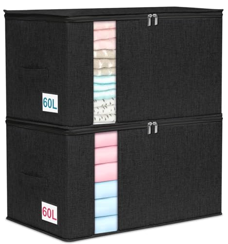 punemi 2 Pack Clothes Storage, Sturdy Blanket Storage Bags with Side Bottom Support, Storage Containers for Organizing Bedroom Closet Clothing Comforter, Organization and Storage W/Lids Handle,Black by punemi - Used condition - US$23.46