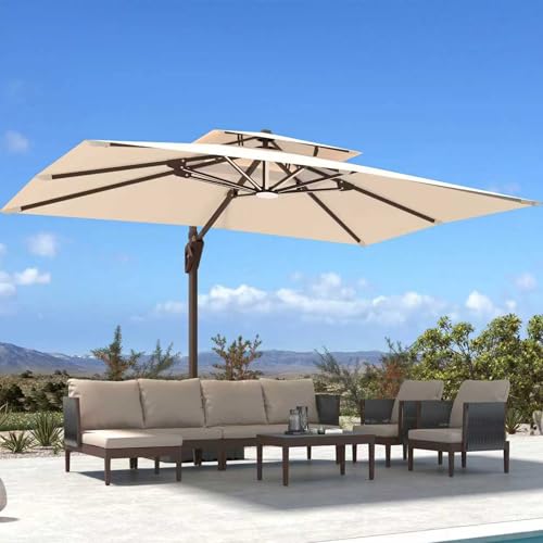 10' X 13' Patio Umbrella with Weighted Base and LED Lights Outdoor Cantilever Large Rectangle Offset Umbrellas Heavy Duty Aluminum Double Top with 360-degree Rotation for Pool Garden Deck, Beige