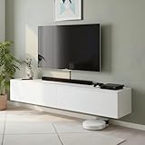 GOKHOMX Meuble TV Blanc Moderne de 180 cm Longueur, Meuble TV Blanc Suspendu ou sur Pied avec 2 Compartiments de Rangement Support, Meuble Télévision Mural en Bois pour Salon Chambre Coin Salon