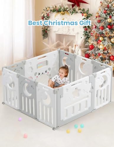Baby Playpen, Dripex Baby Playard for Babies and Toddlers, 10-Panel Foldable Playpen Adjustable Portable Play Area, Indoor/Outdoor Kids Active Center with Game Panel & Safety Gate, Grey White