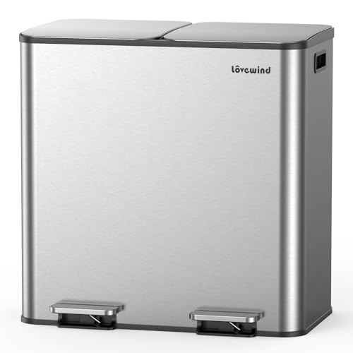 Lovewind Trash Can, 2 x 10.5 Gallon (2 x 40 L) Garbage Can for Kitchen Dual Compartment Recycling Kitchen Step Trash Bin, Stainless Steel Trash and Recycle Bin Combo with Soft-Close Lid, Silver