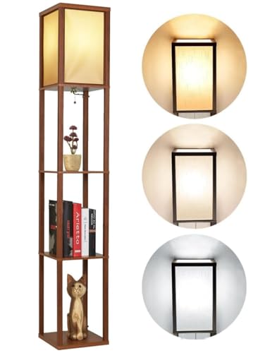 WAMBORY Floor Lamp with Shelves, Modern Standing Shelf Lamp, Display Floor lamp with 3 Color Temperature Bulb, Corner Display Bookshelf Lamp for Living Room Office Bedroom (Walnut Brown)