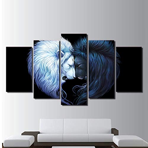 QJXX Cuadros En Lienzo León Blanco Y Negro En La Imagen De Fondo Negro 5 Piezas De Arte Pintura Abstracta Arte De La Pared Impresión Decoración De La Oficina En Casa,B,40X60x2+40X80x2+40X100x1