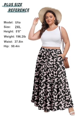 Image of Lepunuo Womens Casual Boho High Waisted Flowy Maxi Skirts Tiered Floral Long Skirts with Pockets for Summer Beach Vacation