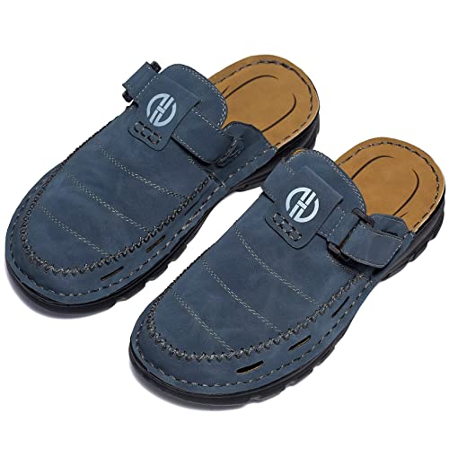 Jebuktxe Mens Clogs Summer Leather Sandals Closed Toe Garden Clogs Shoes Indoor Outdoor Slip-On Mules Wide Blue Size 40 #TOP5