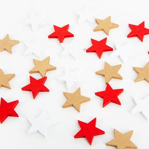 Estrellas madera pequeñas, 24 unidades: decoración navideña en rojo blanco y dorado, adornos de Navidad para mesa y regalos, figuras decorativas madera para Adviento y manualidades, 2,5 cm