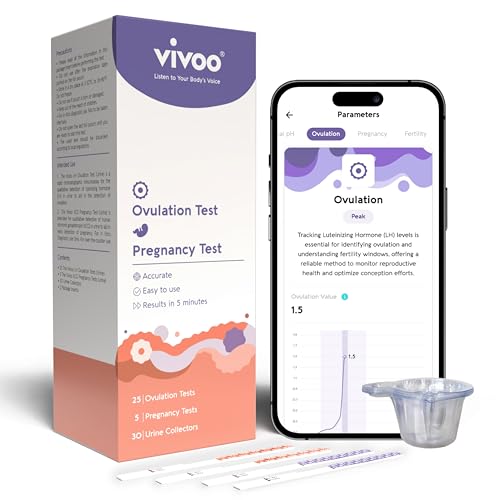 Vivoo Ovulation Test & Predictor Kit: Track Your Cycle and Test Results with Vivoo App, Includes 25 Individually Wrapped Ovulation (LH) Tests, 5 Pregnancy (HCG) Tests with 30 Cups