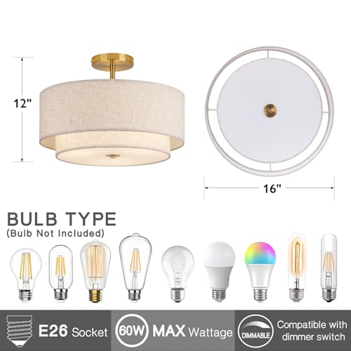 16 Double Drum Gold 3-Light Semi Flush Mount Ceiling Light, Classic Fabric Linen Shade Design for Living Room, Bedroom, Kitchen, Dining Room, Hallway and Entryway