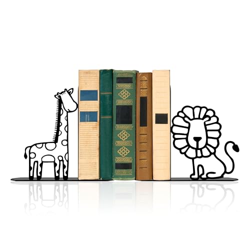 Lion Giraffe Safari Metal Bookends Kids Book Ends for Shelves Black