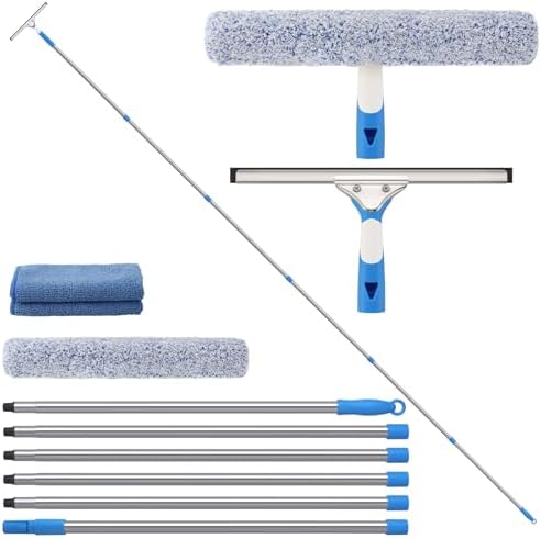 Mitclear 15 Feet Window Cleaning Kit with Extension Poles, Window Cleaner Tool with 14'' Silicone Squeegee, Microfiber Scrubber & Cloth, Window Washing Equipment for Outdoor High Windows
