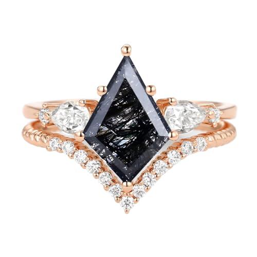 1.5ct/2ct Black Rutilated Quartz Wedding Ring Set - Kite Cut Black Rutilated Quartz Bridal Sets Wedding Rings White Yellow Rose 10K 14K 18K Gold Sterling Silver Gem Engagement Anniversary Promise Ring Set for Her4