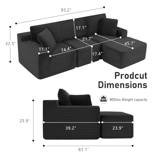 Image of Modular Sectional Sofa, Black Boneless Couch for Living Room