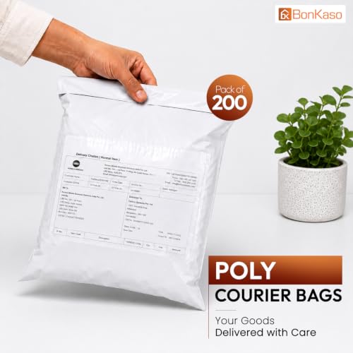 Image of BonKaso Poly Courier Bags 5x10 Inches with POD | 55 Microns Thickness | Tamper Proof & Waterproof | Durable Plastic Packaging Envelopes for Shipping - Pack of 200